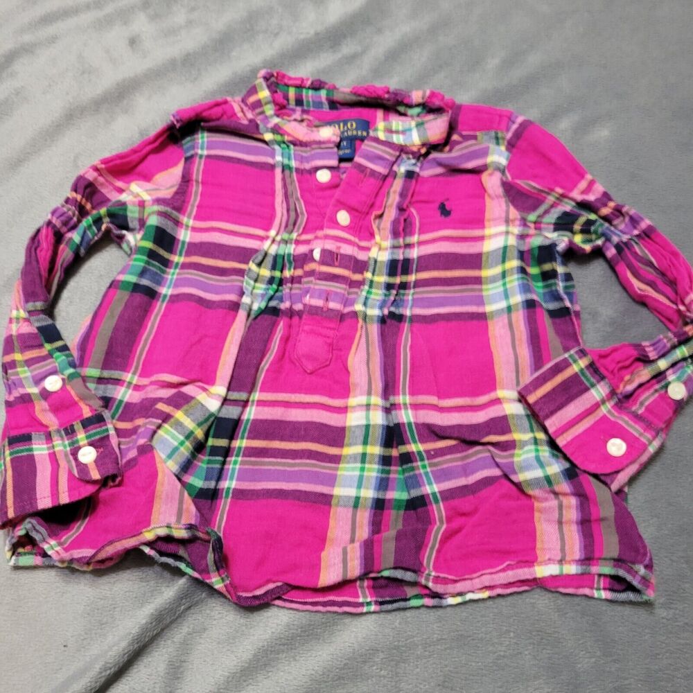 Ralpn Lauren Polo Shirt Girls 2t Pink Button Front Collared Pony Long Sleeve Top